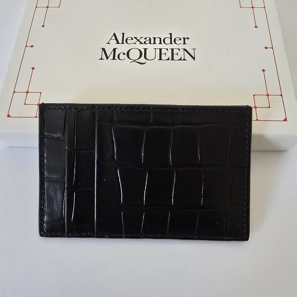 Alexander McQueen Skull Croc-Embossed Leather Card Holder Black - Picture 2 of 7